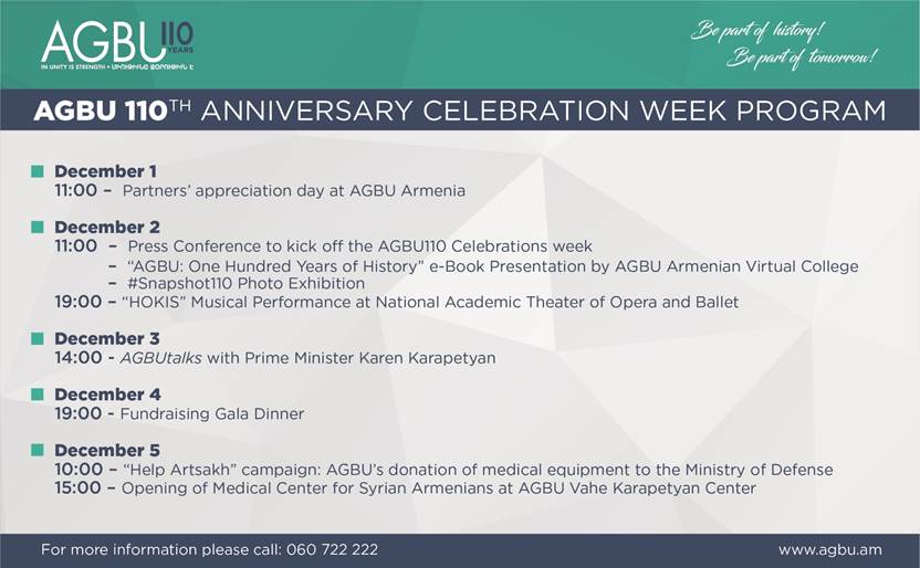 AGBU’s 110th Anniversary Celebration Week, Armenia, Dec. 1 to Dec. 5 2016